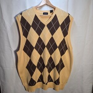 Izod Men's XL Argyle Sweater Vest Yellow Brown White Knit Golfcore Grandpacore